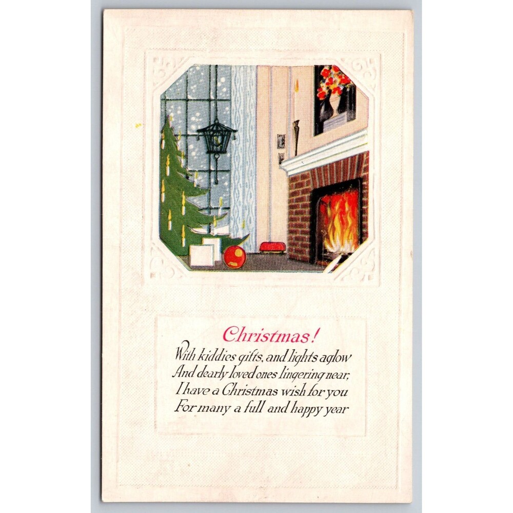 Postcard Christmas Kiddies Gifts Lights Aglow Fireplace c1910 Embossed Unposted
